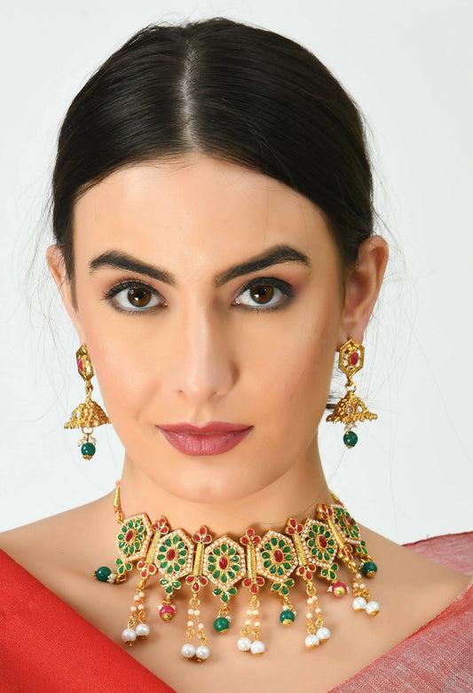 Mominos Fashion Johar Kamal Women Gold-Plated Brass Finish Meena & Pearls Work Choker - Grab2buy
