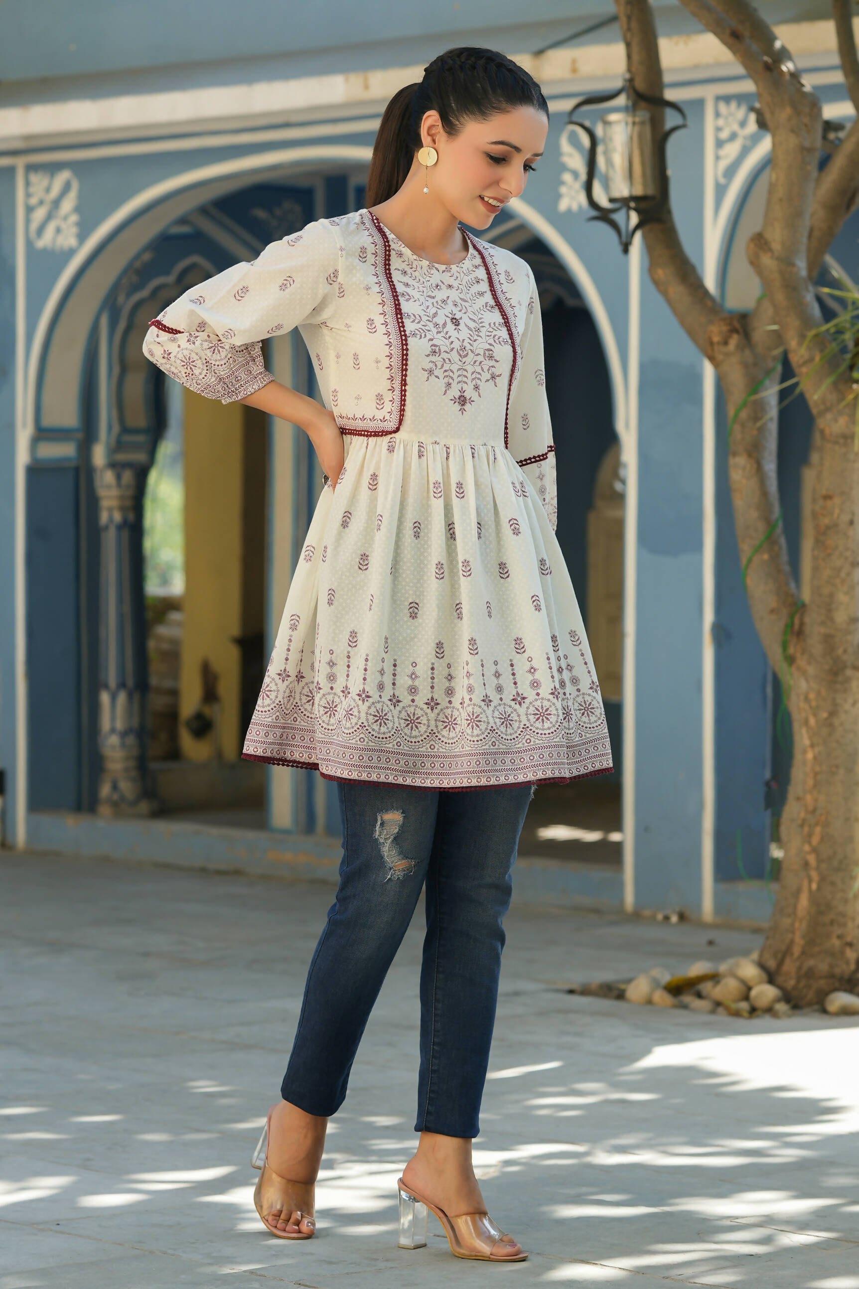 Juniper Women's White & Maroon Cambric Floral Printed Tunic