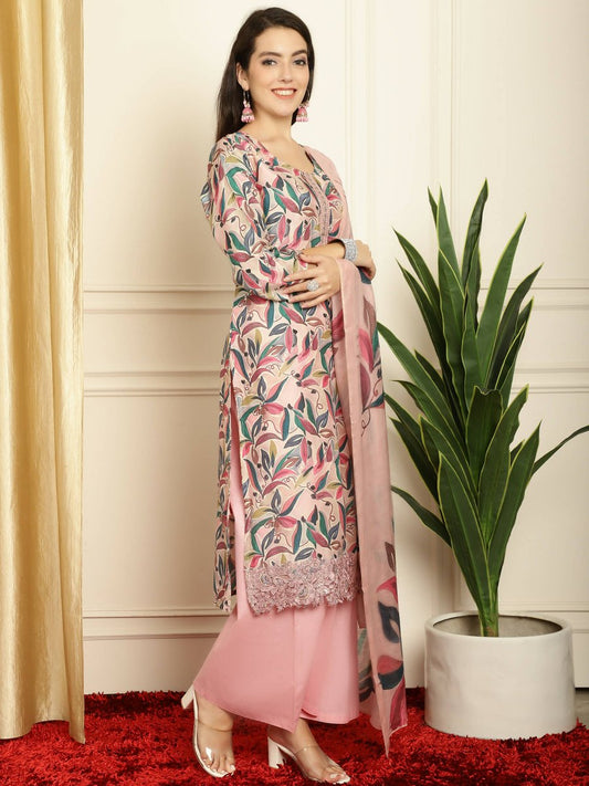 Aastha Fashion Women's Pink Muslin Digital Printed with Embroidered Lace work Kurta with Trouser & Dupatta - Grab2buy