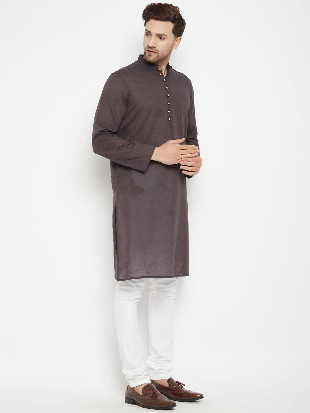 Even Apparels Brown Pure Cotton Long Men's Kurta With Band Collar 