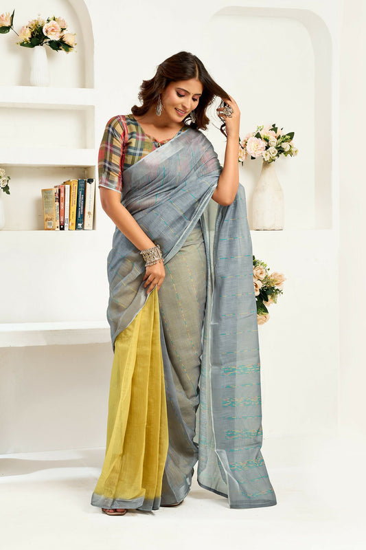 Joban Fashion Grey  Striped Linen Ready To Wear Saree With Unstitched Blouse