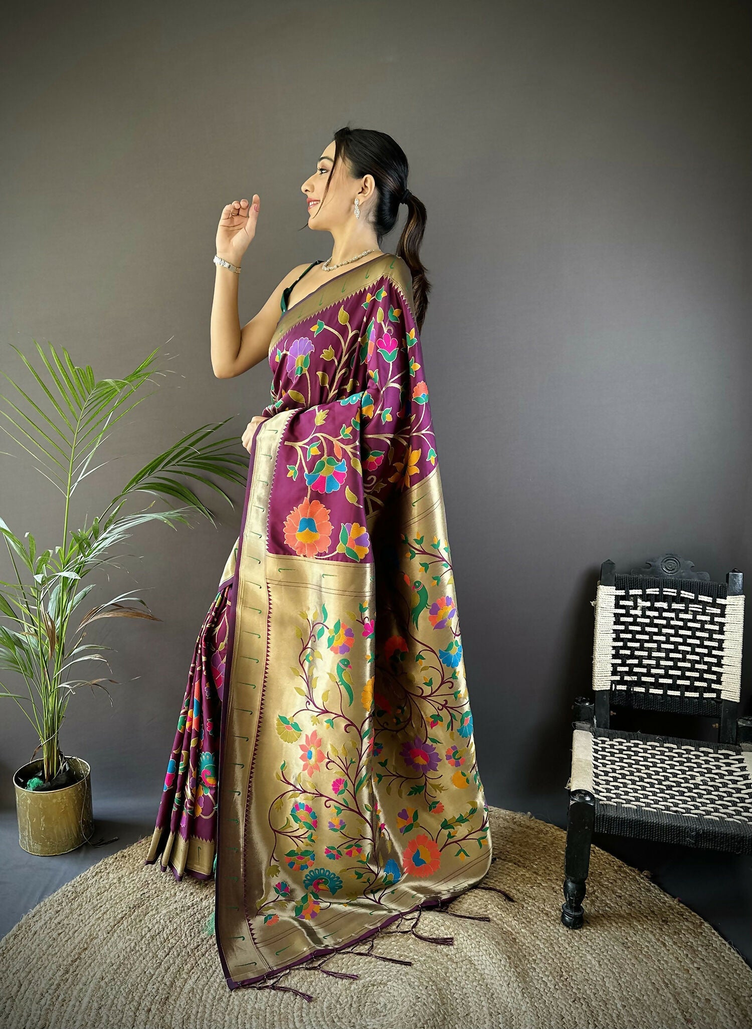 Joban Fashion Wine Zari Woven Floral Motifs Soft Silk Paithani Silk Saree