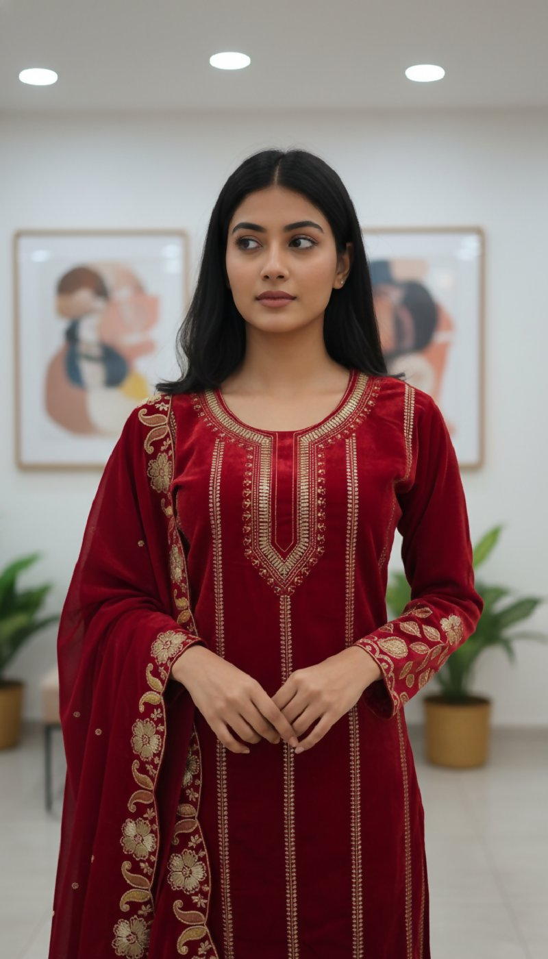 Joban Fashion Red Velvet Embroidery Sequence Work Readymade Kurta Set