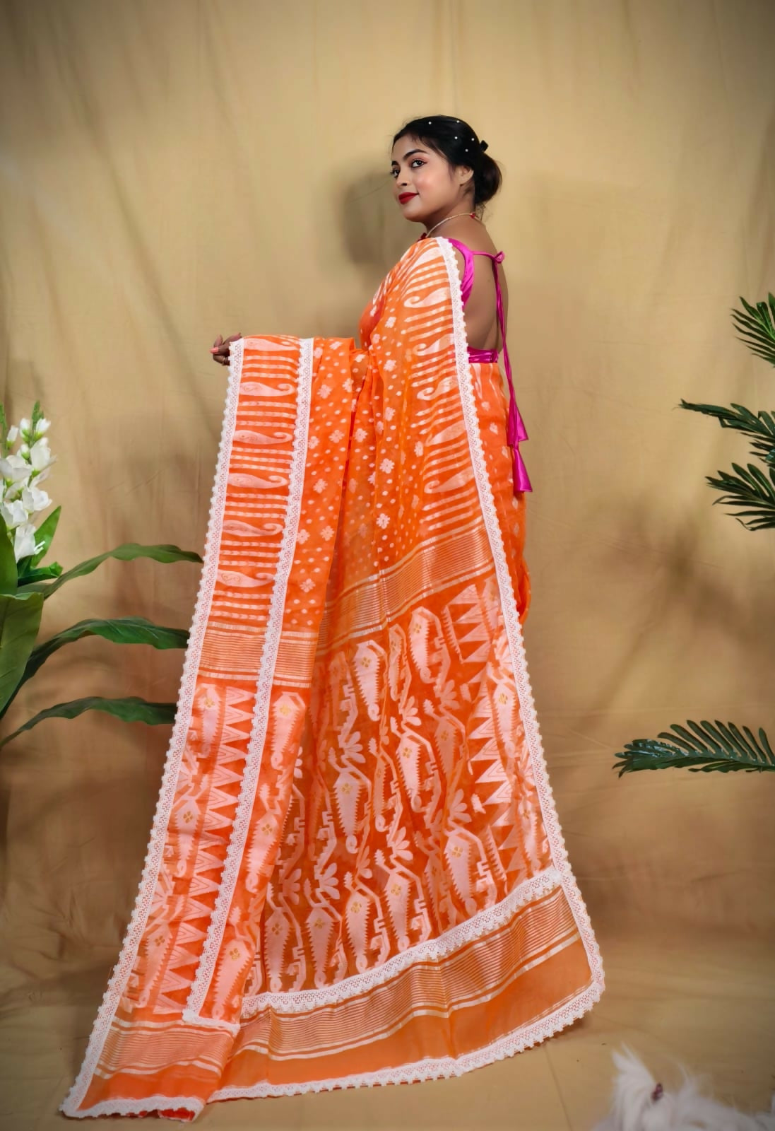 Exclusive Collection Beautiful Orange Jaal Jamdani Grab2Buy 