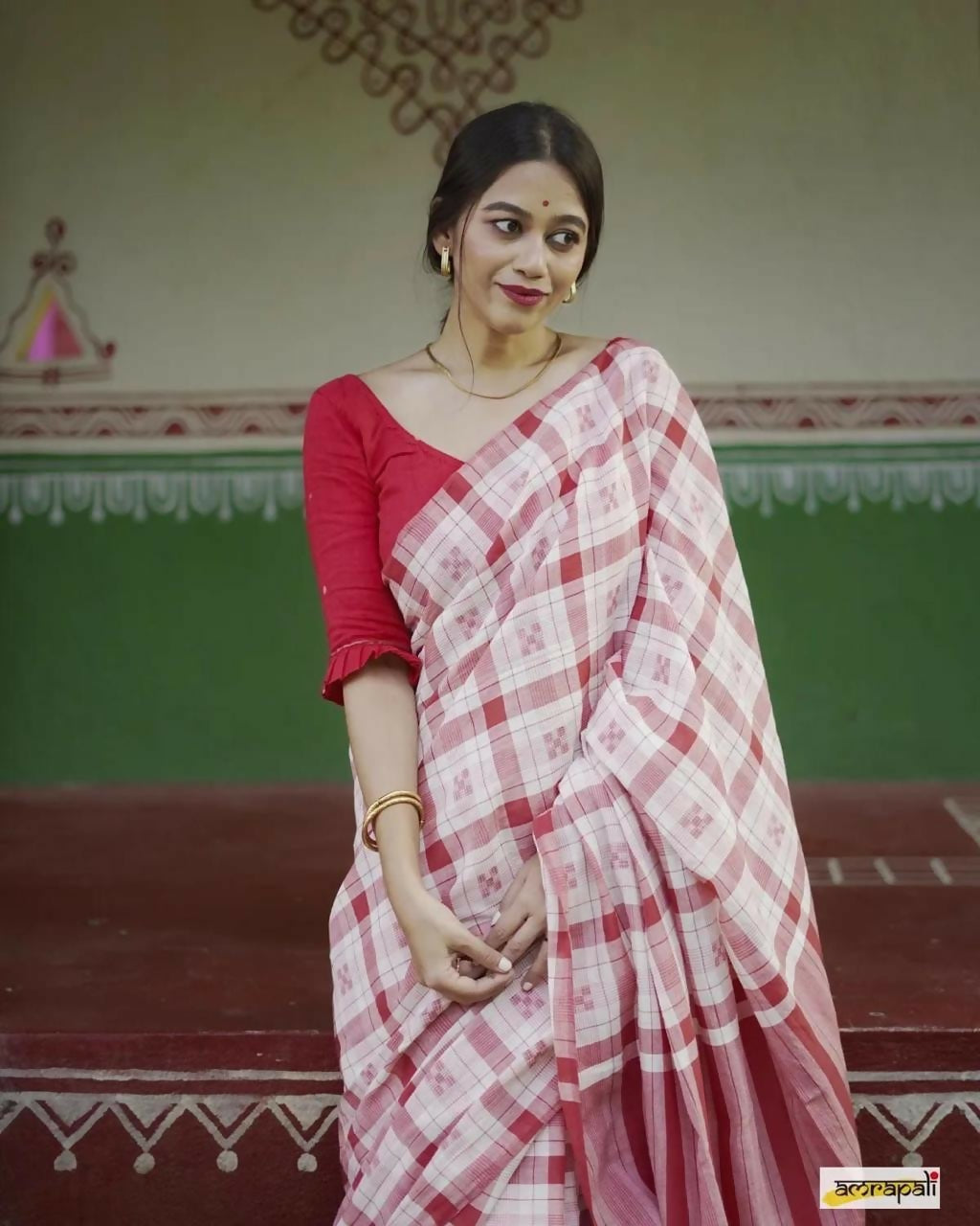 Exclusive Collection Beautiful Check Red Pure Cotton Woven Handloom Grab2Buy With Running Blouse Piece 