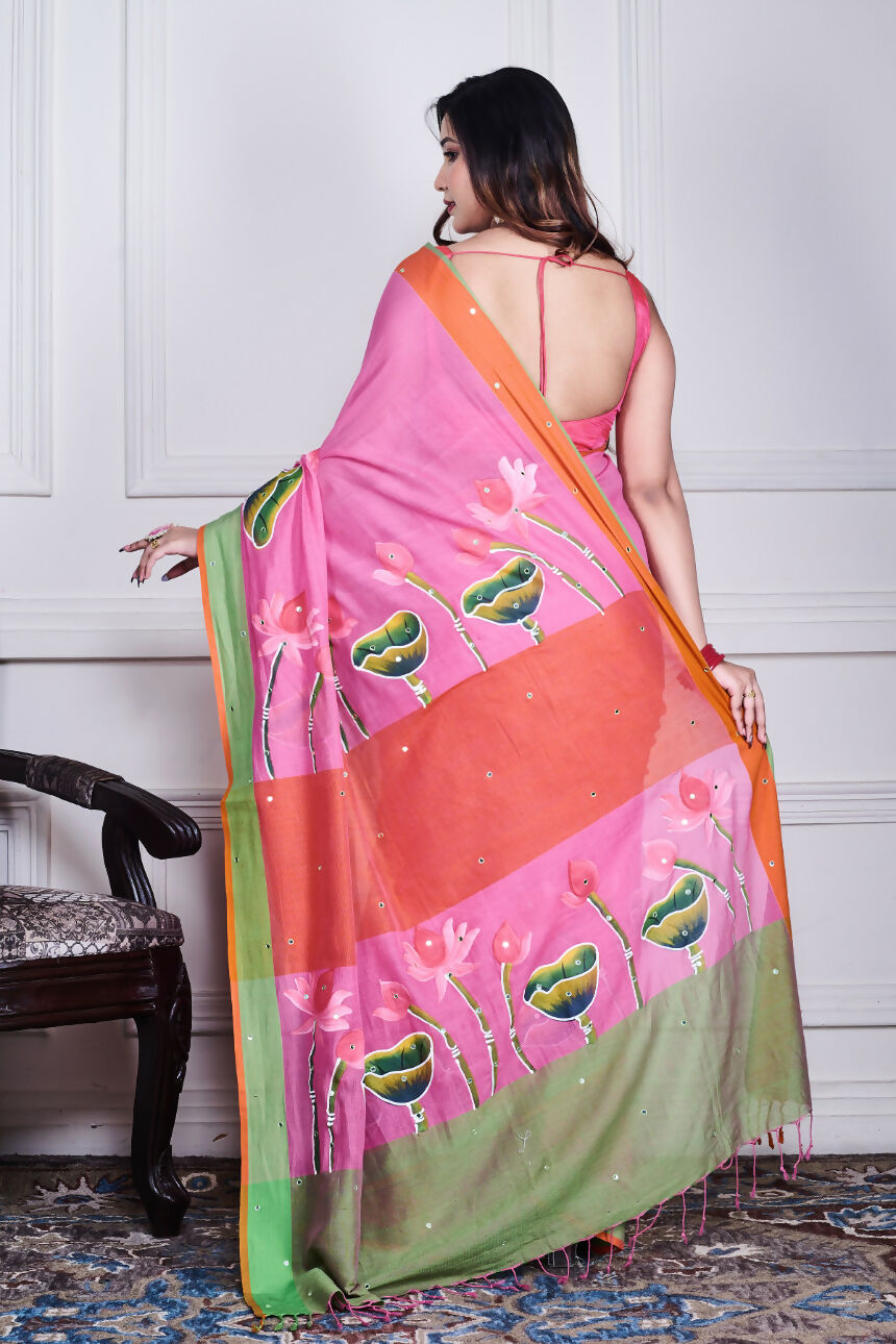 Morchari Multicolour Cotton Handloom Mirror Work Saree Unstitched Blouse
