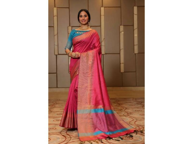 Aastha Fashion Women's Pink Raw Silk Temple Zari Woven Saree with Blouse - Grab2buy