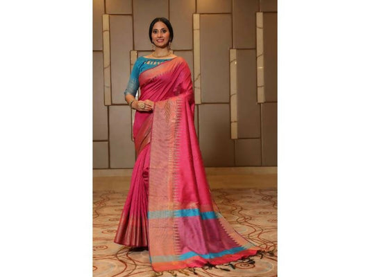 Aastha Fashion Women's Pink Raw Silk Temple Zari Woven Saree with Blouse - Grab2buy