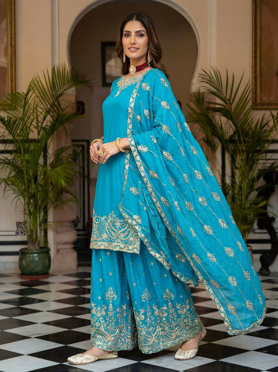 Teeya Creation Sky Chinon Silk Designer Wedding Wear Embroidery Work Palazzo