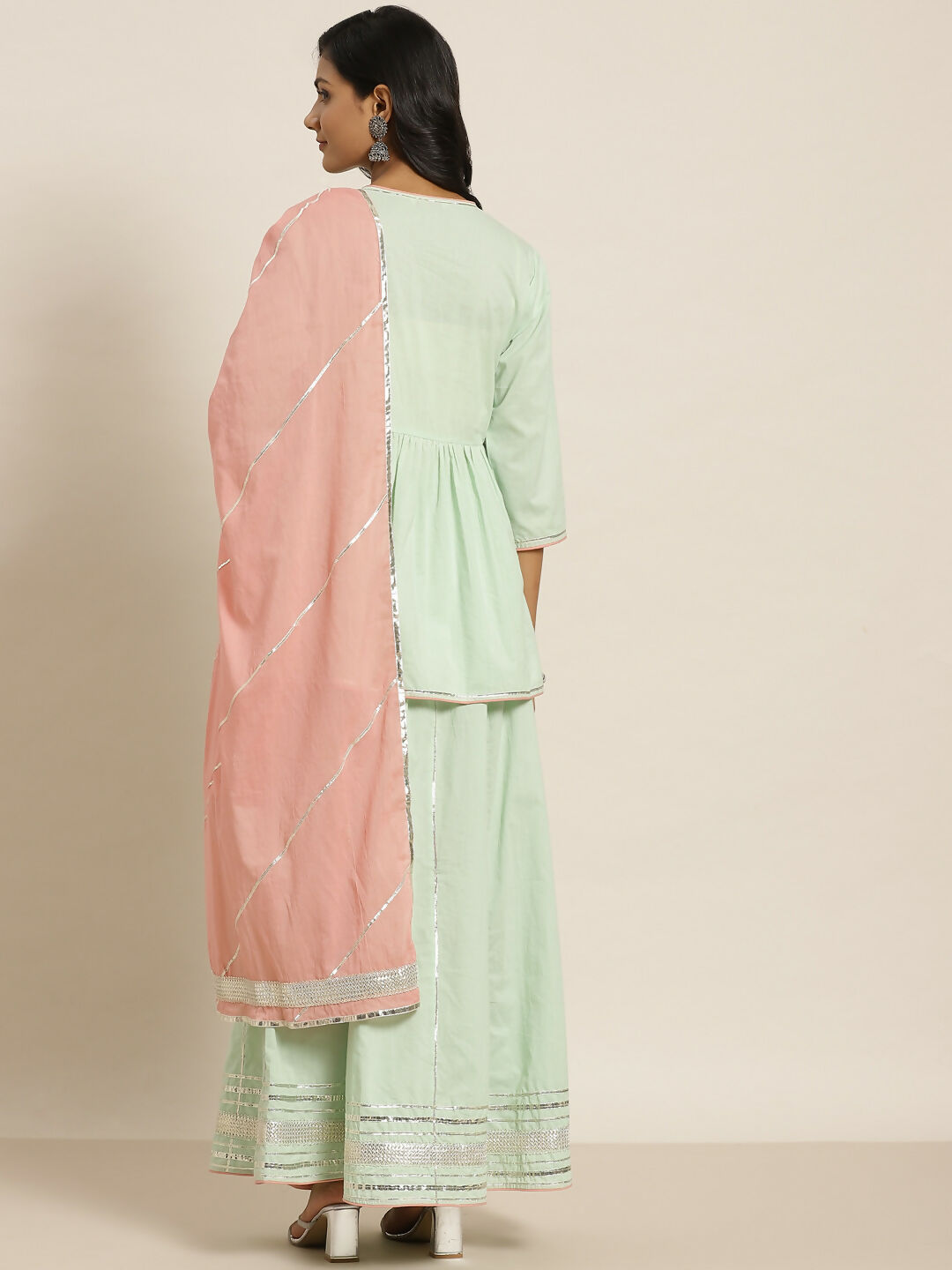Juniper Pista Green Thread Embroidered Kurta Palazzo & Cotton Dupatta Set