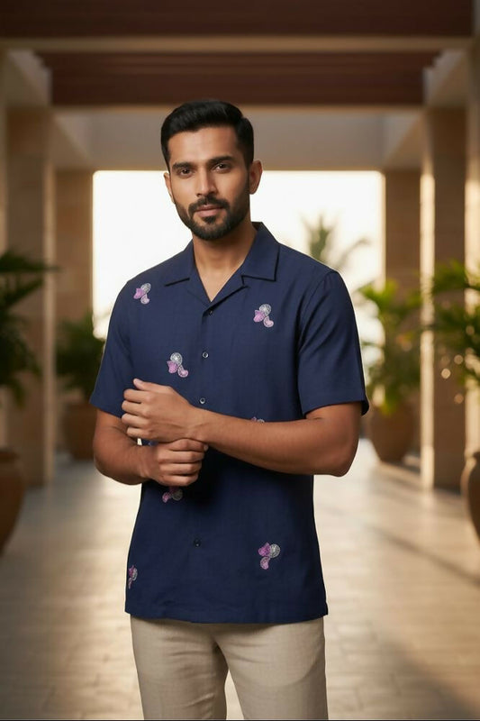 Aureole — Blue Embroidered Cotton Shirt by Hilo Design
