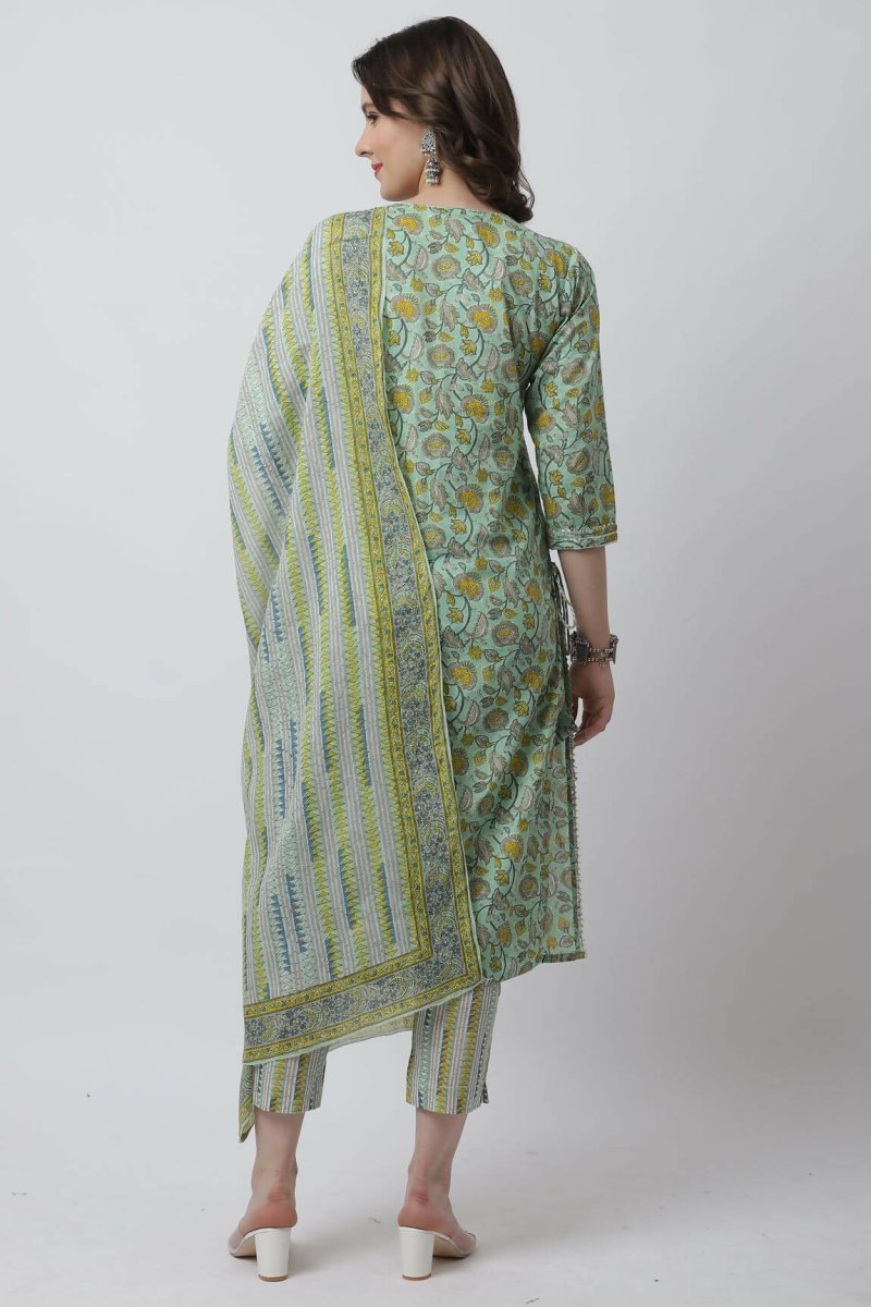 Aastha Fashion Women's Sea Green Cotton Jaipuri Printed Kurta with Trouser & Dupatta - Grab2buy