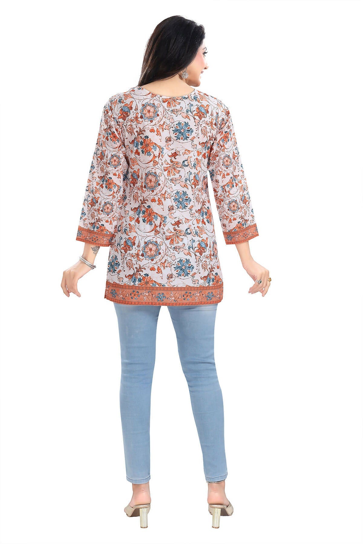 Snehal Creations Cream Faux Crepe Short Kurti Tunic Top