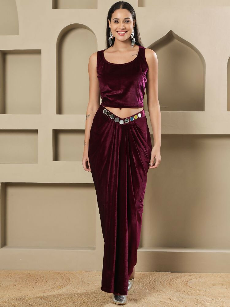 Joban Fashion Women Wine Velvet Hand Embellishment Stitched Dress