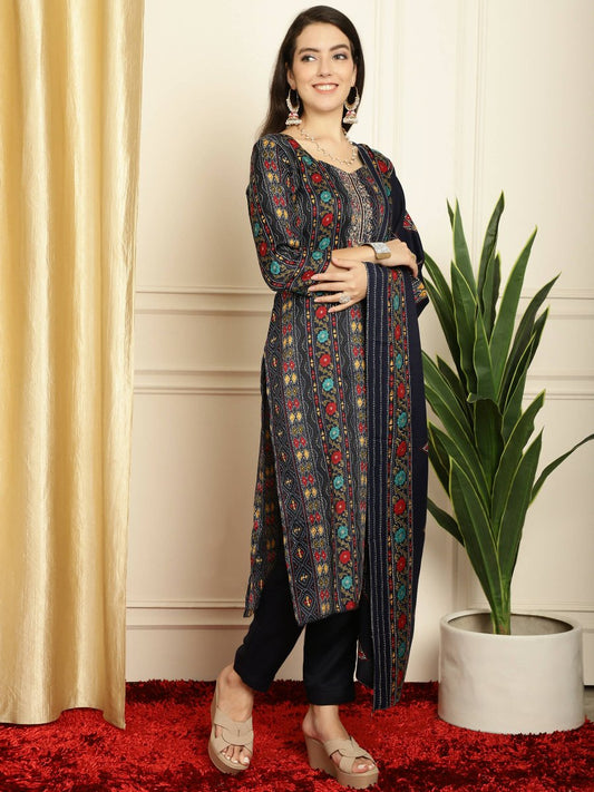 Aastha Fashion Women's Navy Blue Pashmina Floral Digital Printed Kurta with Trouser & Dupatta - Grab2buy