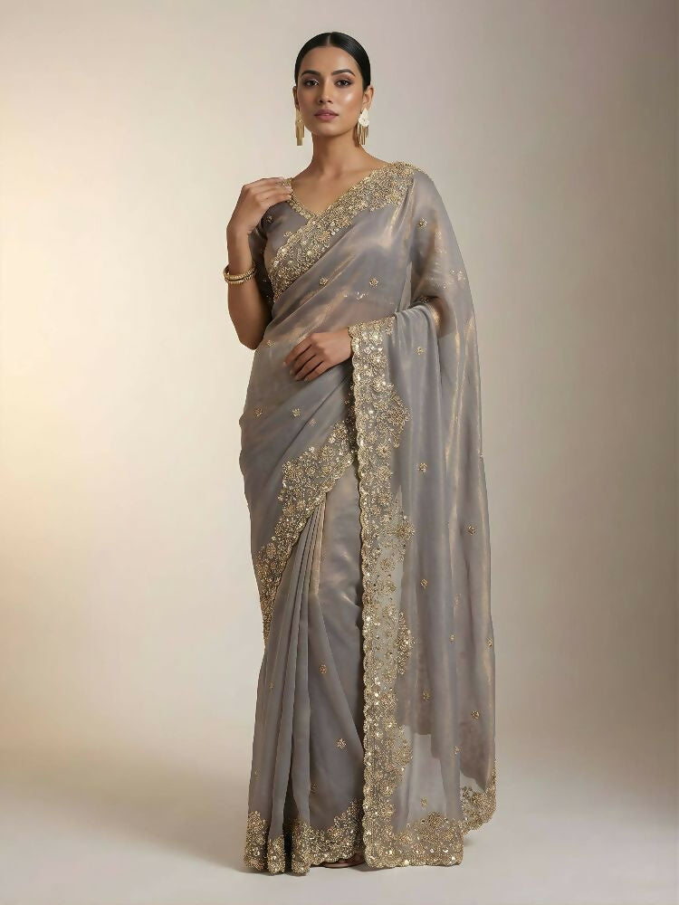 Joban Fashion Beige Fandy Satin Silk Party Wear Sarees
