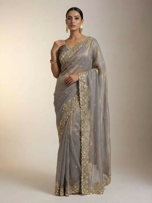 Joban Fashion Beige Fandy Satin Silk Party Wear Sarees
