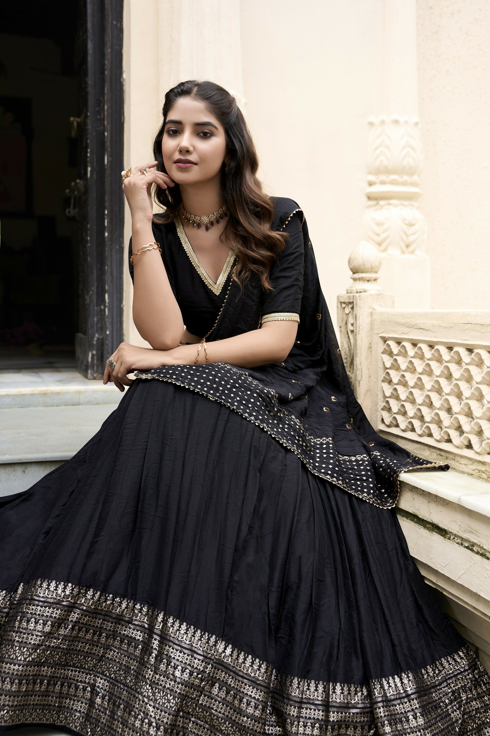 Lorenvalley Black Pure Chanderi Plain With Zari Weaving Work Border Lehenga Choli 
