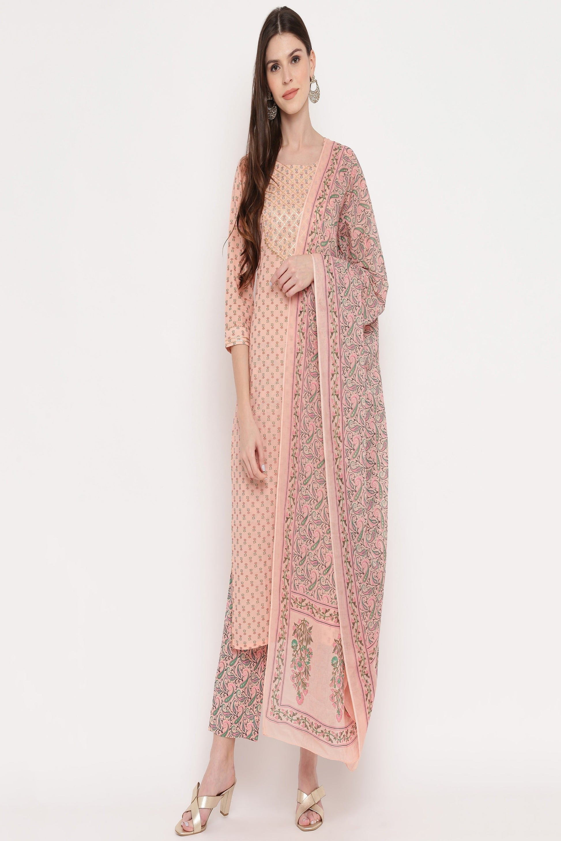 NOZ2TOZ Women's Foil Print & Gota Patti Work Straight Cotton Peach Kurta, Pant & Dupatta 