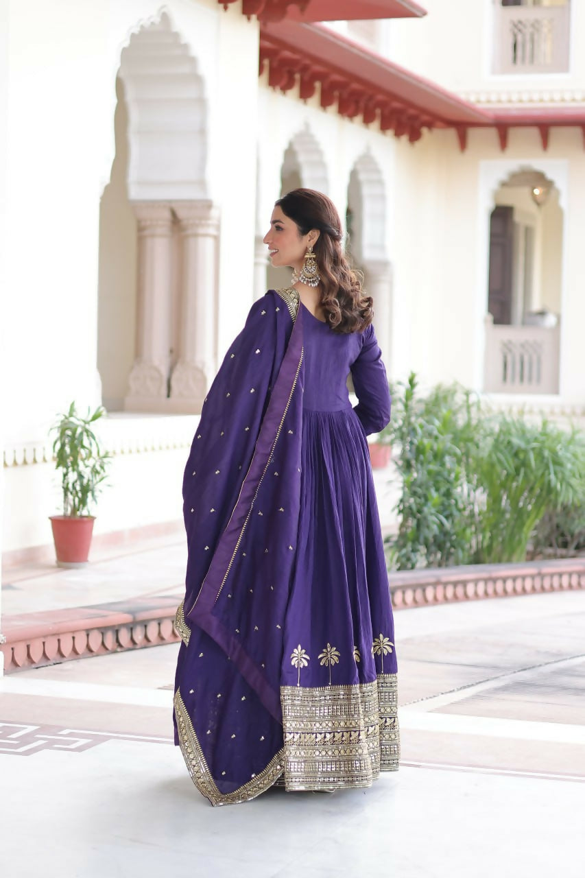 Teeya Creation Womens New Fancy Vichitra Silk With Rich Sequins Embroidered Work Gown Set