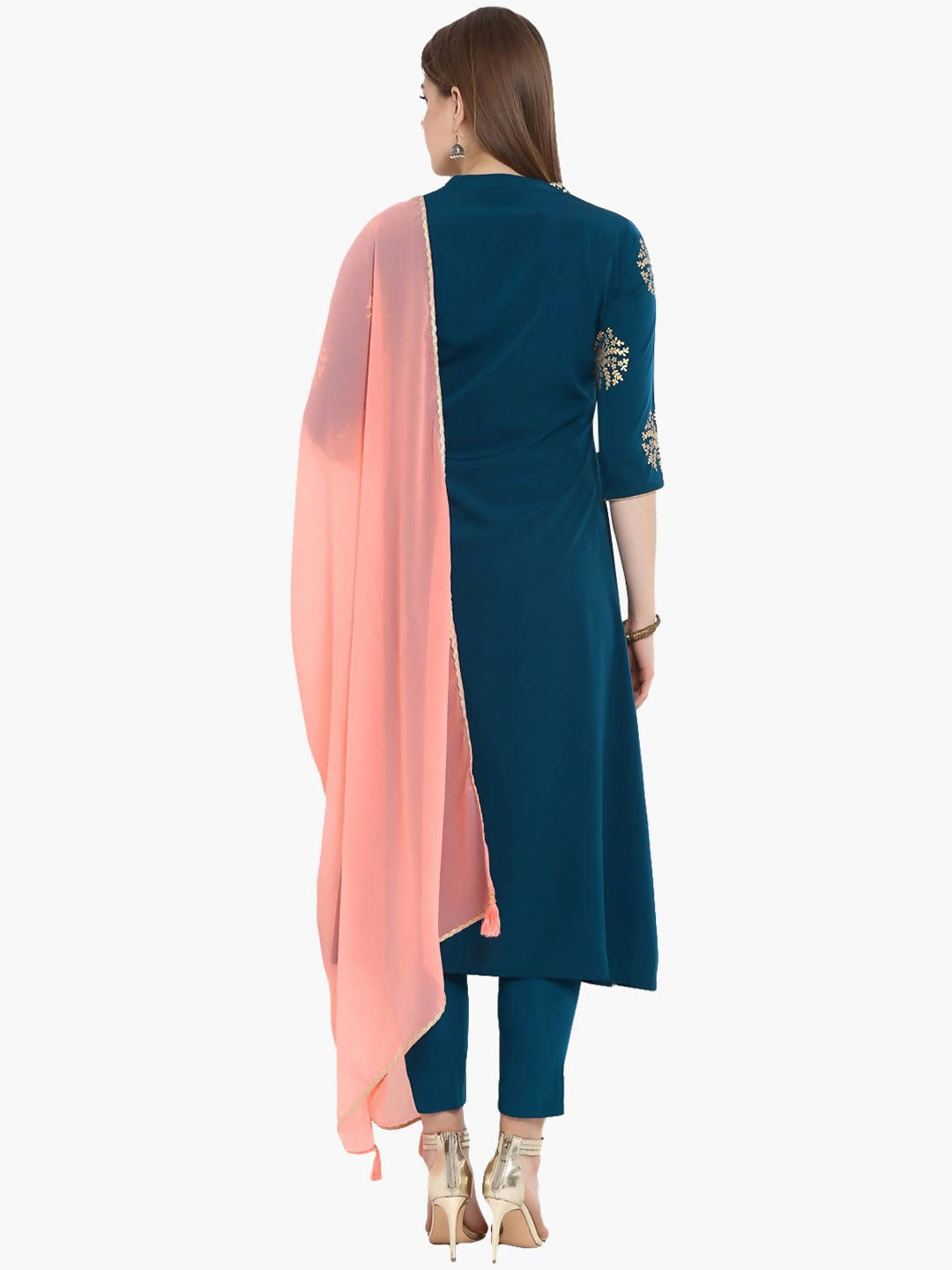 Janasya Women Flower Golden Foil Kurta Set with Dipped Hemline