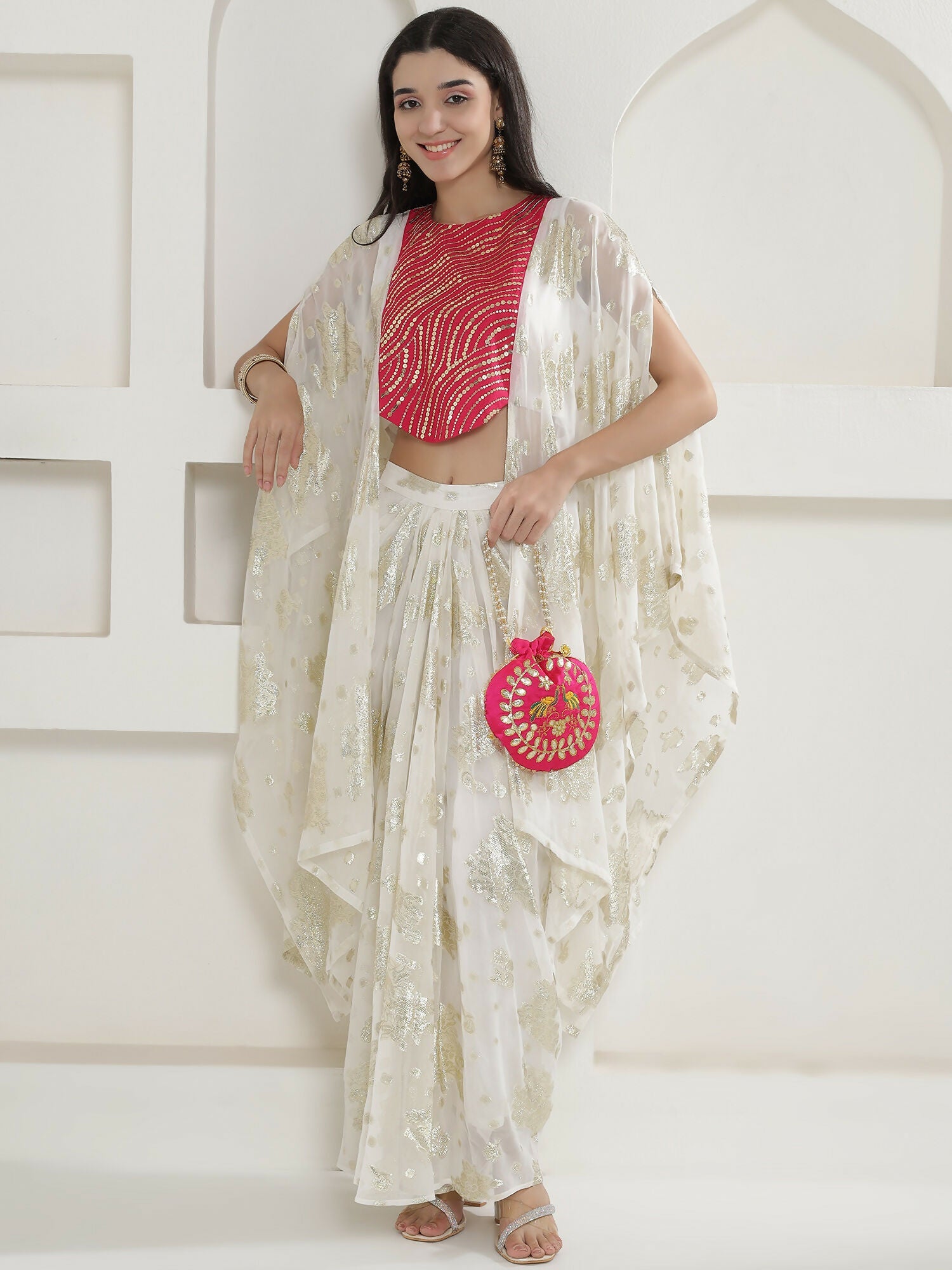 Joban Fashion White & Pink Kaftaan With Skirt