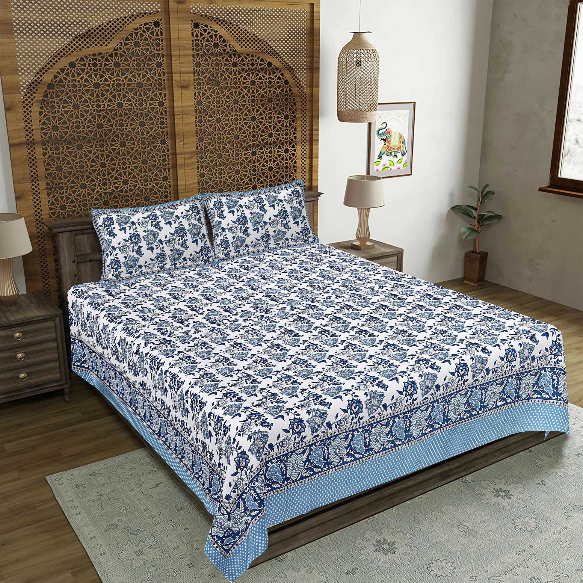 Rudra Bazaar Blue 210 TC Cotton Double King Bedsheet With 2 Pillow Covers