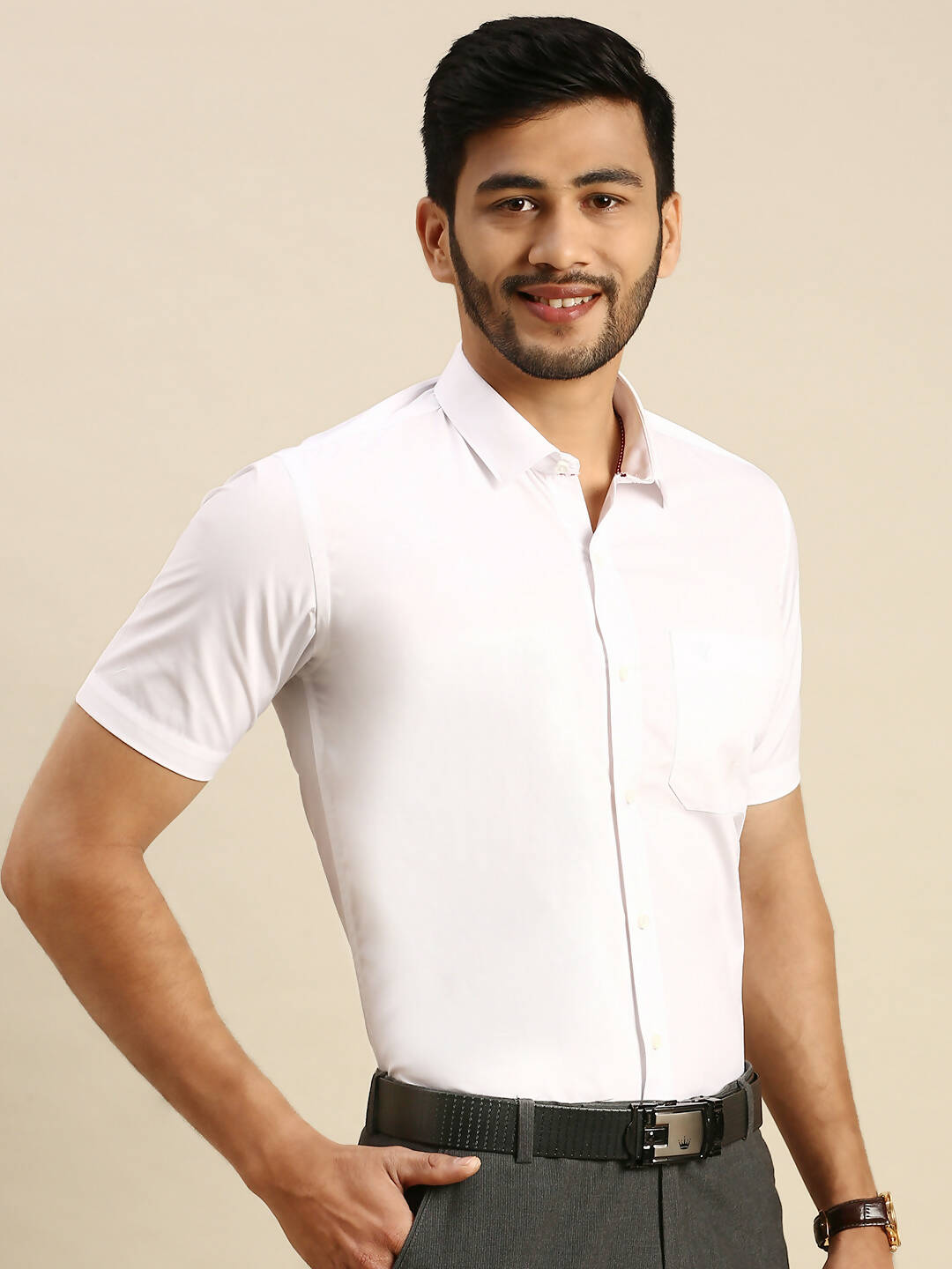 Ramraj Cotton Mens Half Sleeve Formal 100 % Cotton White Shirt 