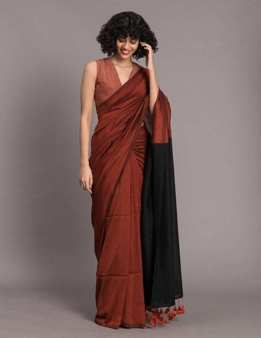 Suta Rust Brown Black Cotton Blend Colourblocked Saree - Grab2buy