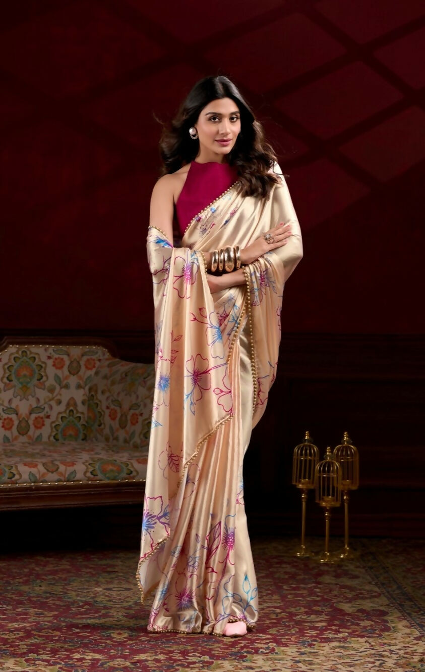 Vastranavya Cream Satin Silk Floral Printed with Pearl Lace Grab2Buy with Unstitched Blouse  Grab2Buy Vastranavya Grab2Buy