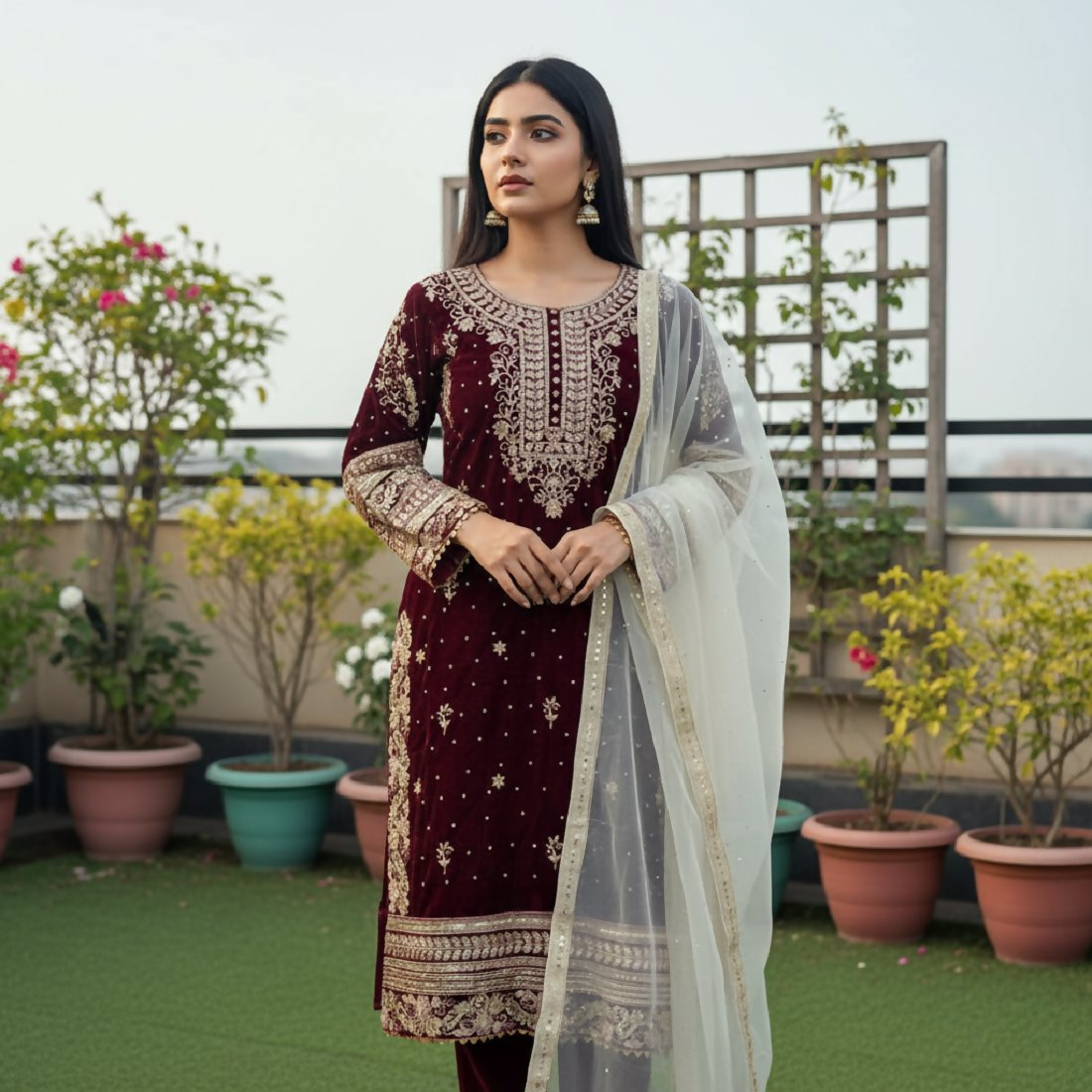Joban Fashion Maroon Velvet Embroidery Sequence Work Readymade Kurta Set