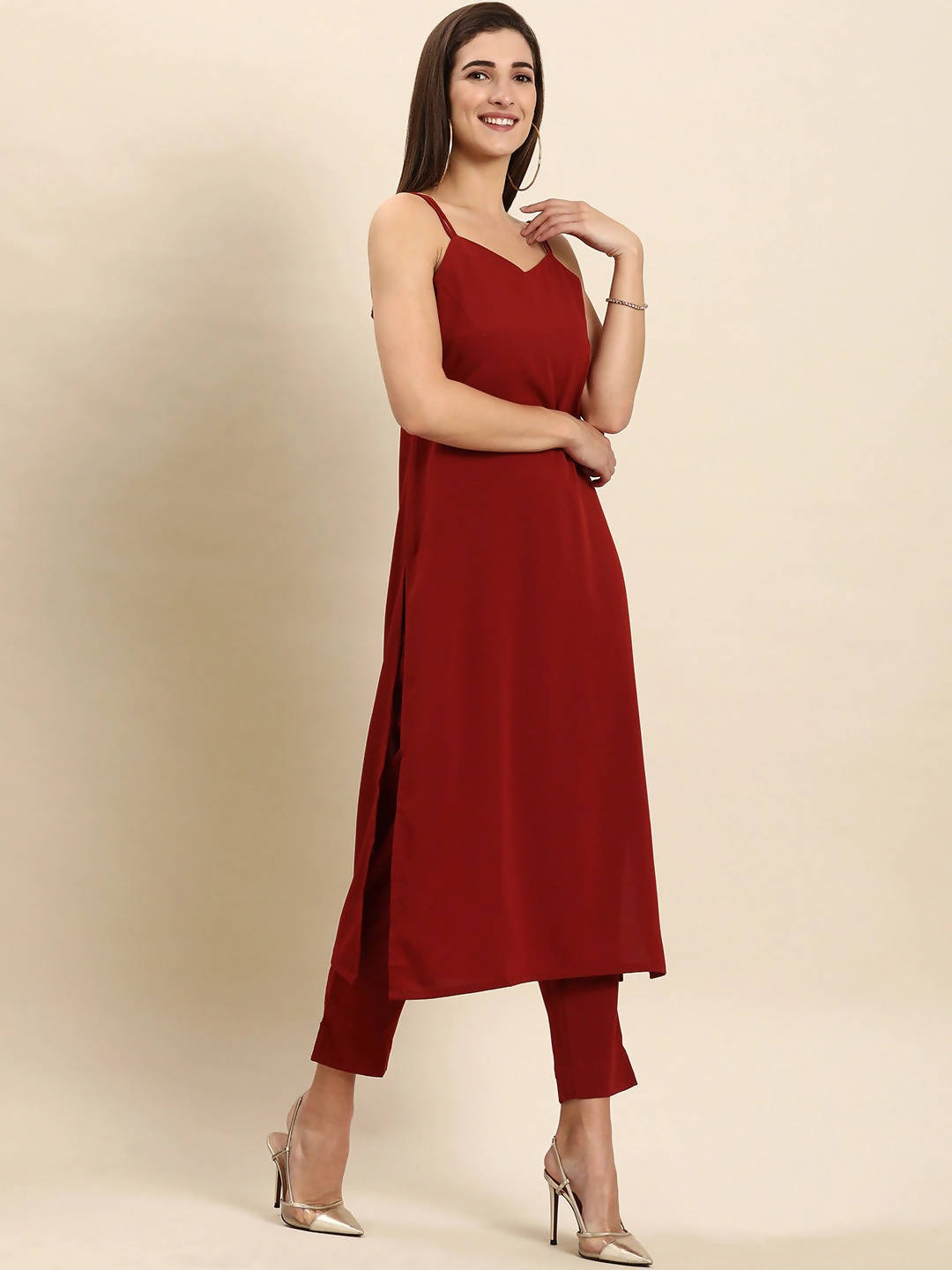 Janasya Women Maroon Kurta with Trousers & With Dupatta
