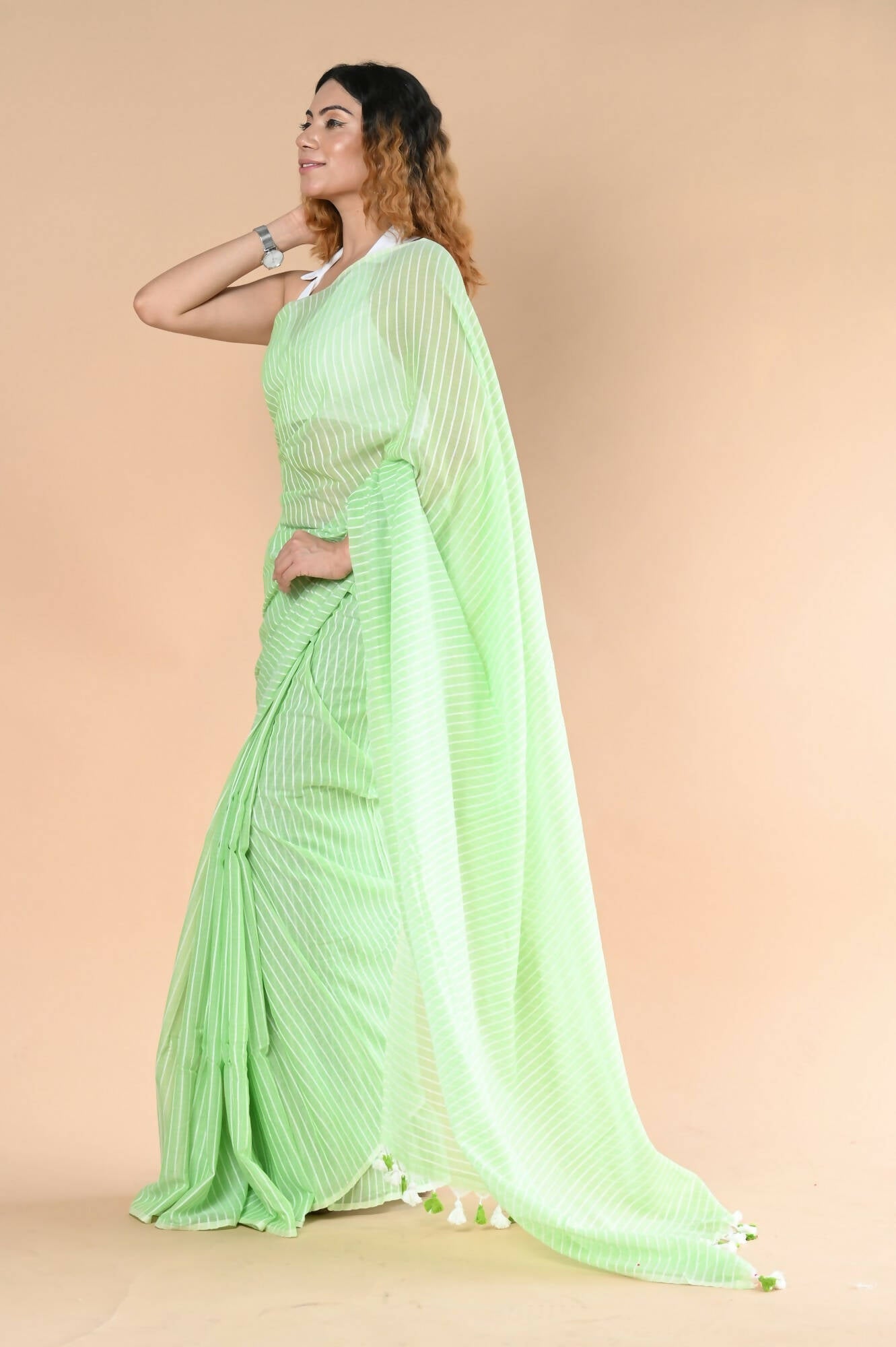 Very Much Indian Designer Pure Cotton Saree With All Over Linear Stripes - Fern Green - Grab2buy