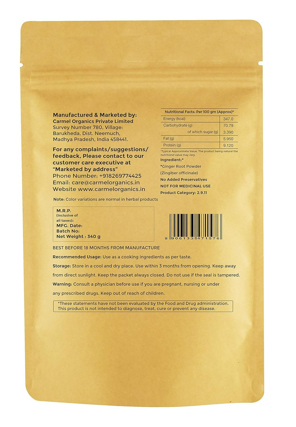 Carmel Organics Ginger Root Powder 