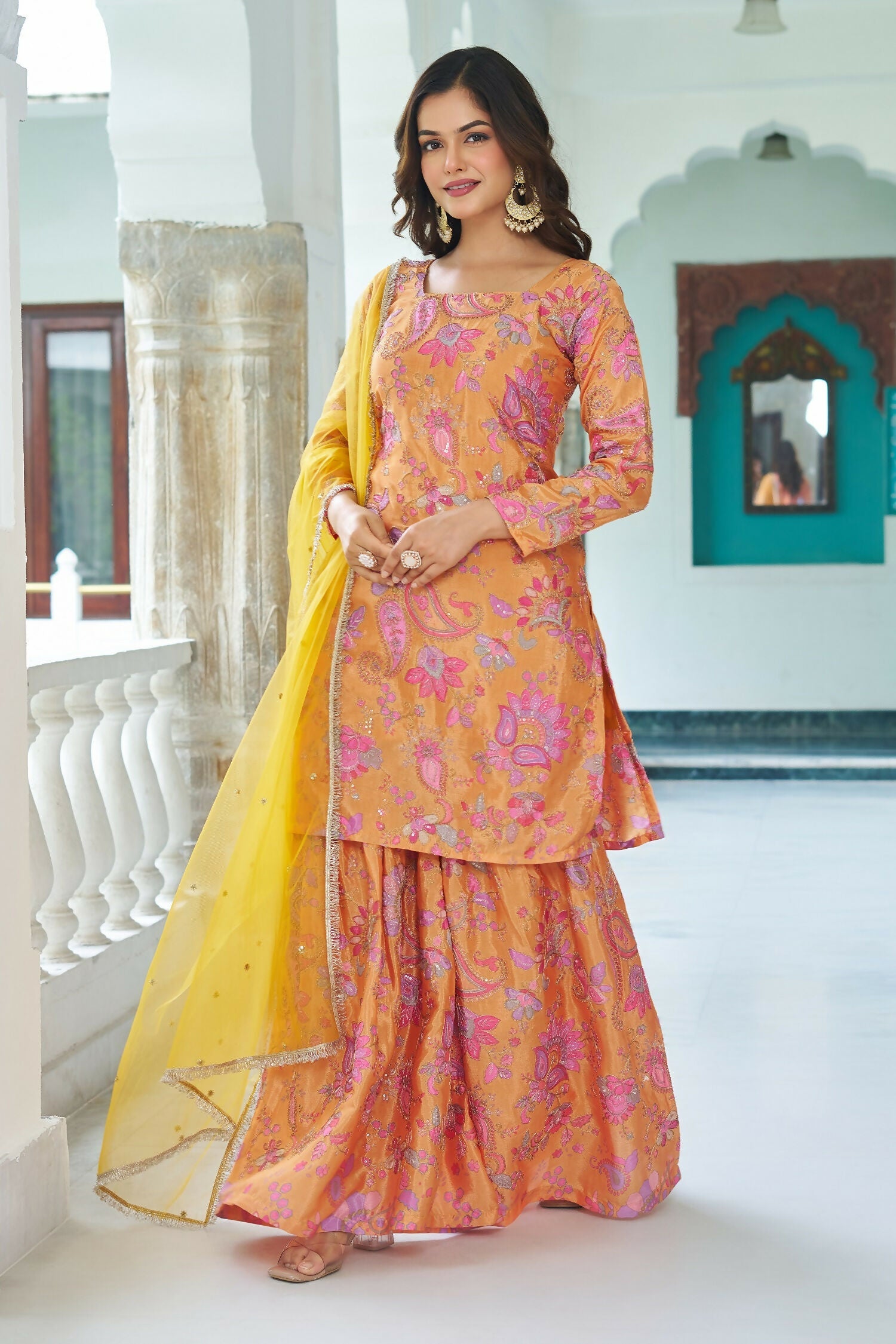 Joban Fashion Yellow Chinnon Embroidery Sequence Work Readymade Kurta Set