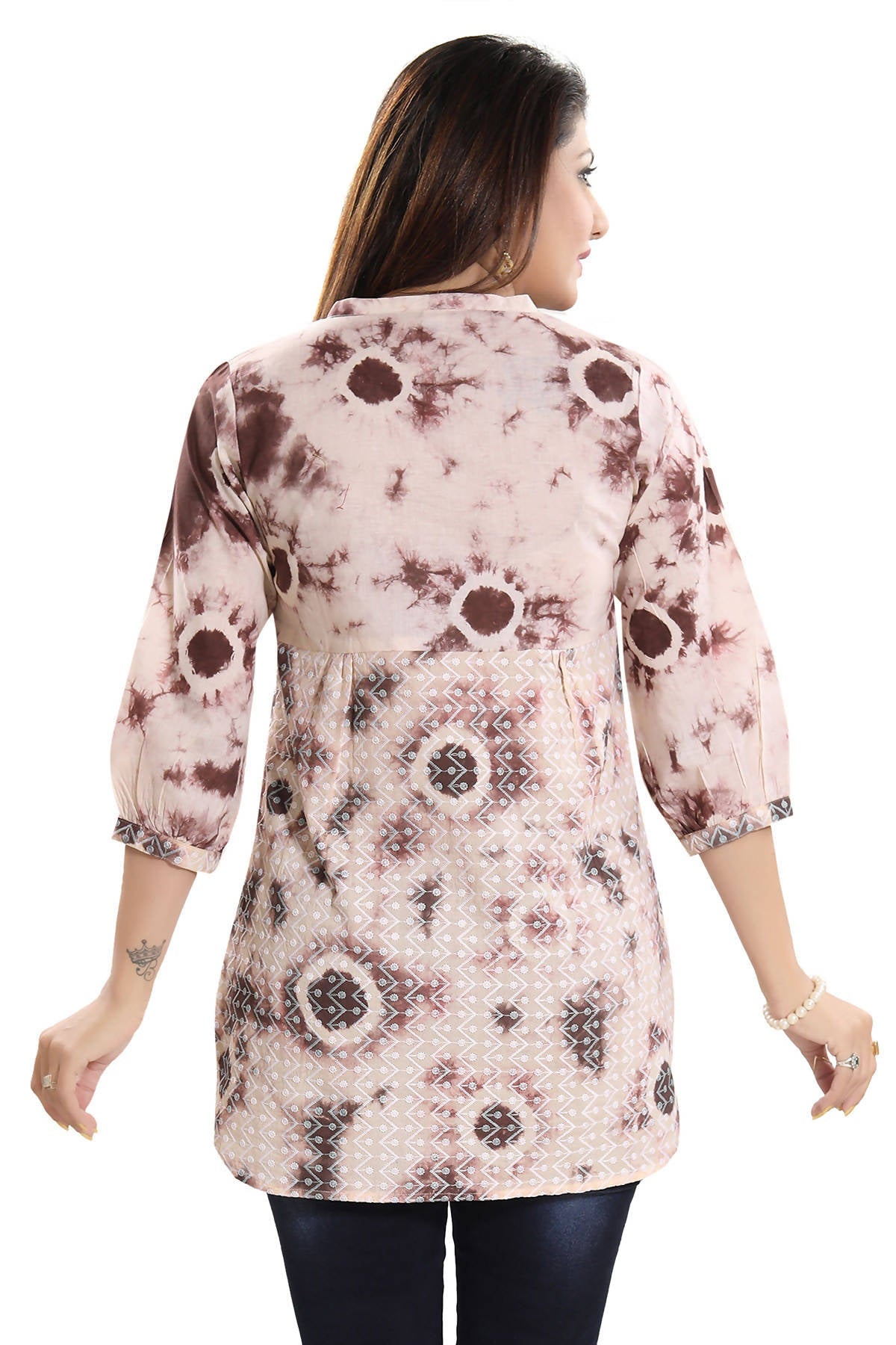Snehal Creations Bold Beige Cotton Chikan Short Kurti Top With Batik Printing