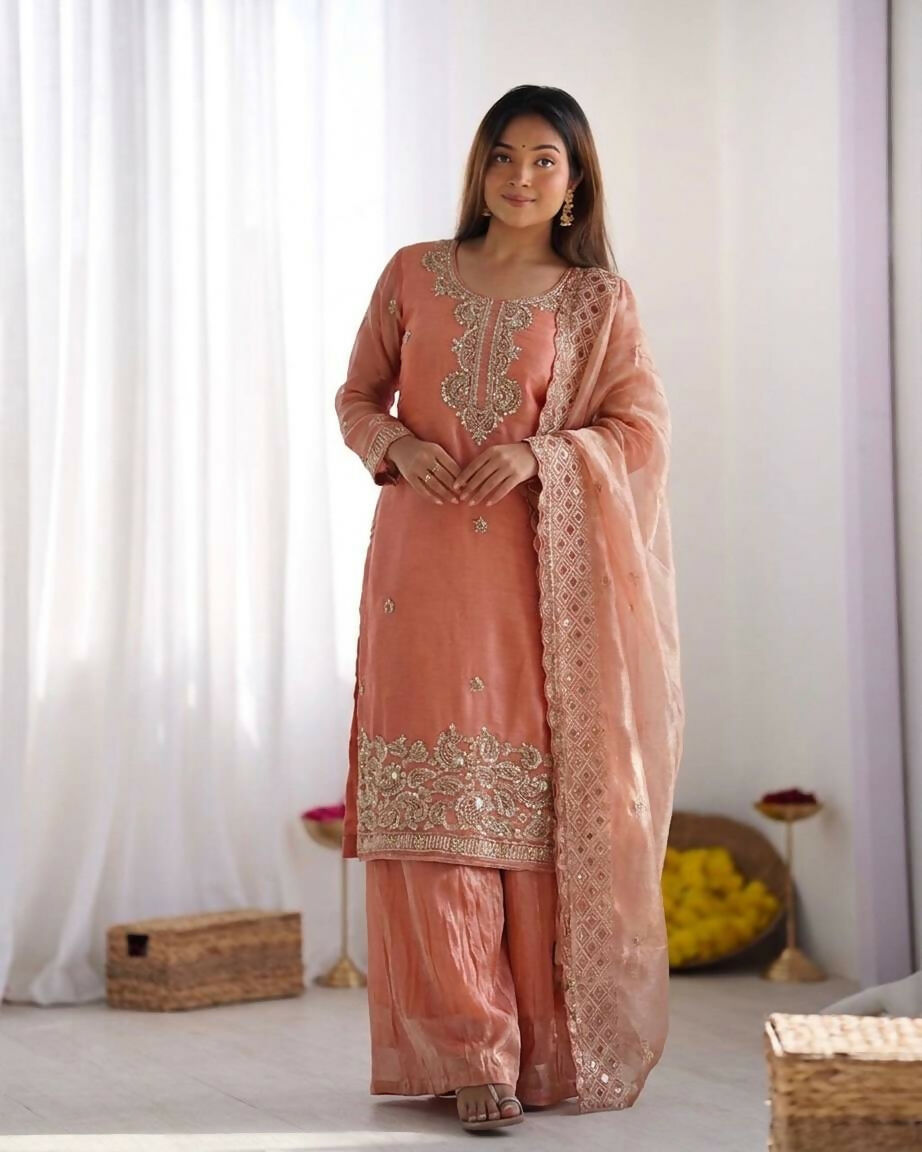 Teeya Creation Womens New Trendy Stylish Embroidery Beads Work Palazzo Kurta Set -Peach