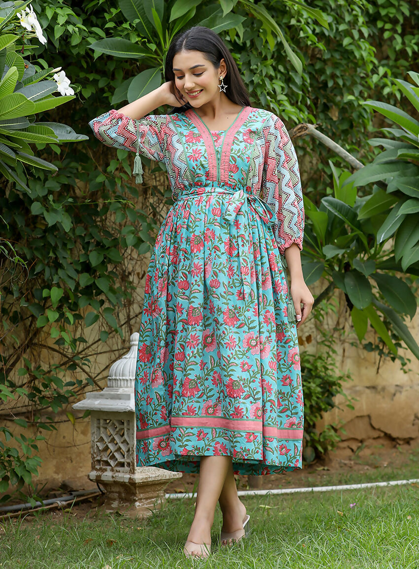 Kaajh Women's Green Hand Block Printed Dress
