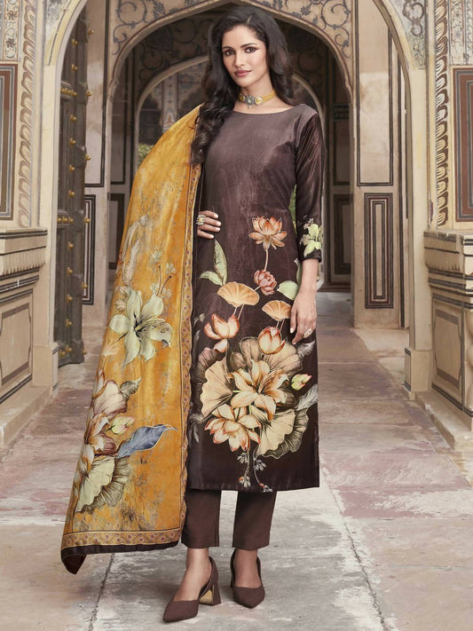 Aastha Fashion Women's Brown Velvet Floral Digital Printed Kurta with Trouser & Dupatta - Grab2buy