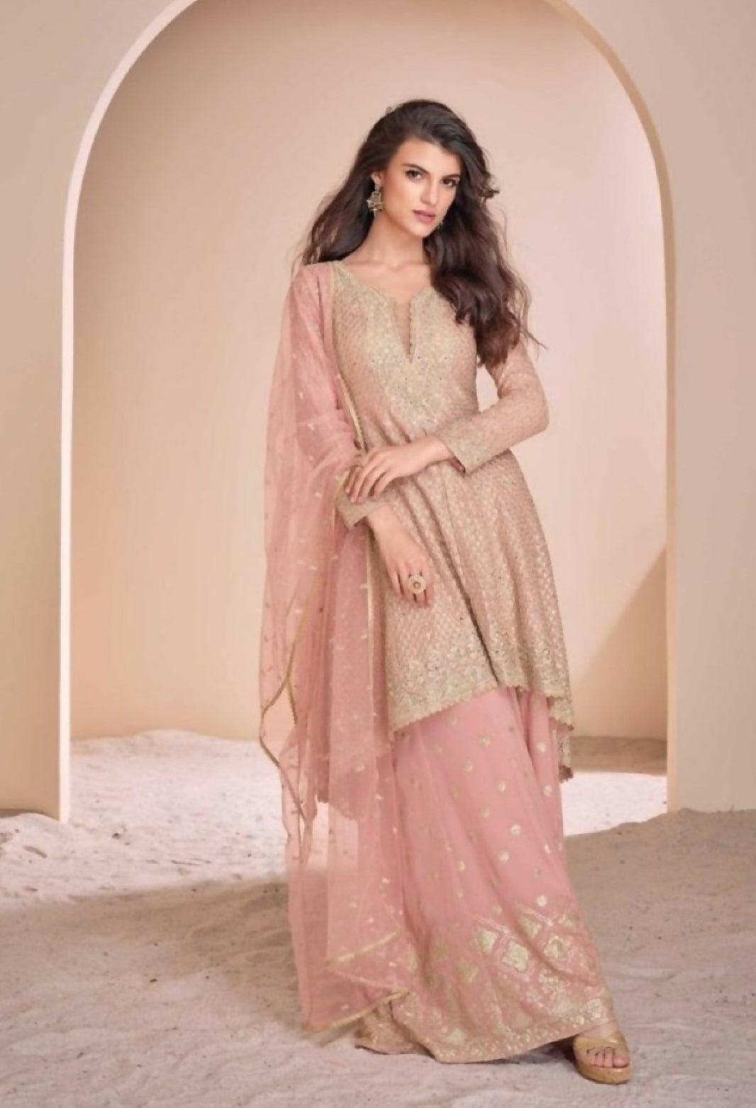 Anaita Peach Georgette Readymade Suit with Codding Dori & Sequence Work