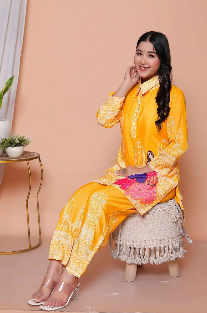 Miravan Womens Yellow Digital Printed Kurta Set