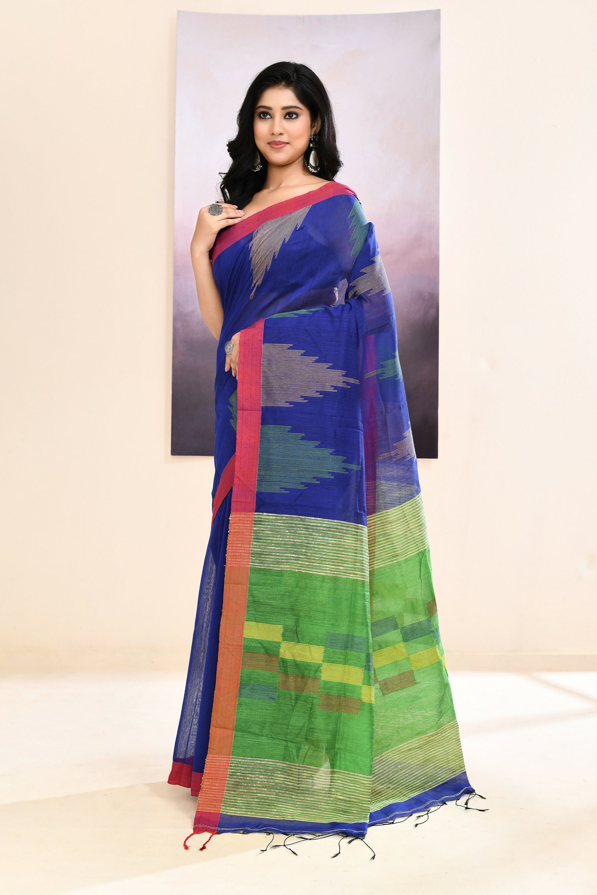 Piyari Fashion Women's Blue Temple Border Embellished Cotton Blend Jamdani Saree