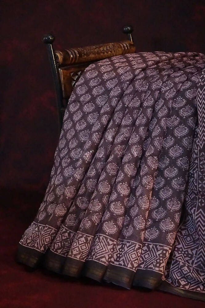 Dark Brown Ikat Design Semi Chanderi Grab2Buy By Gayathri Reddy Designer Studio 