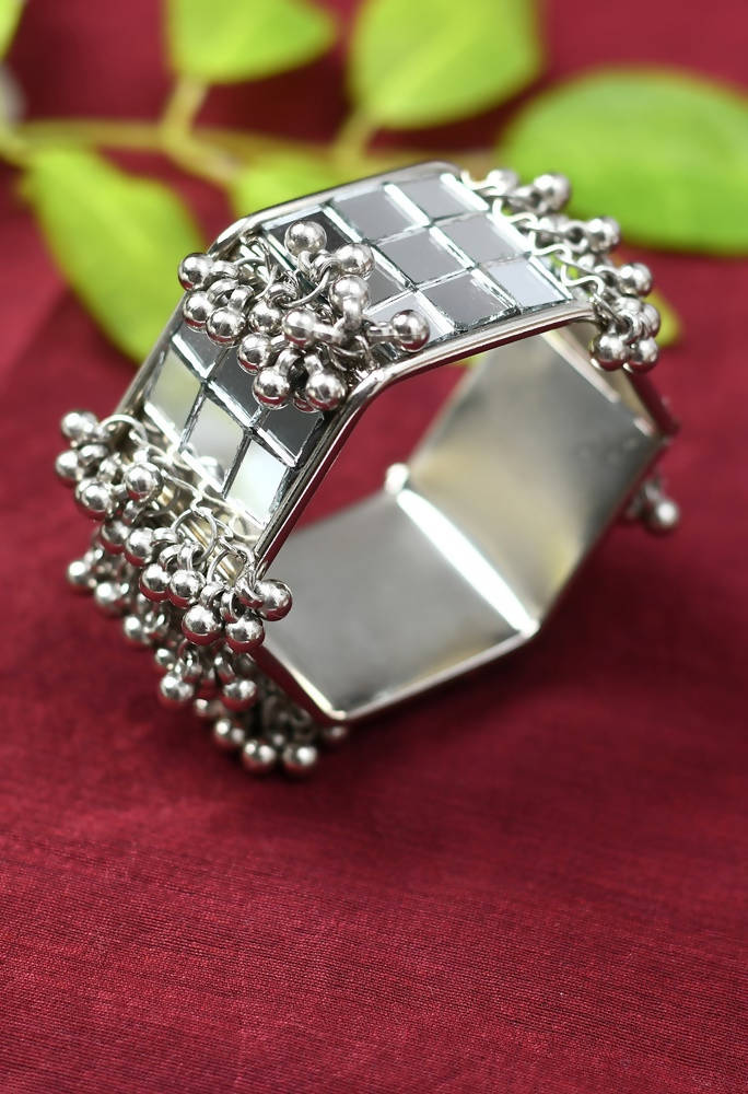 Mominos Fashion Kamal Johar Mirror Oxidised Silver Bangles Set 