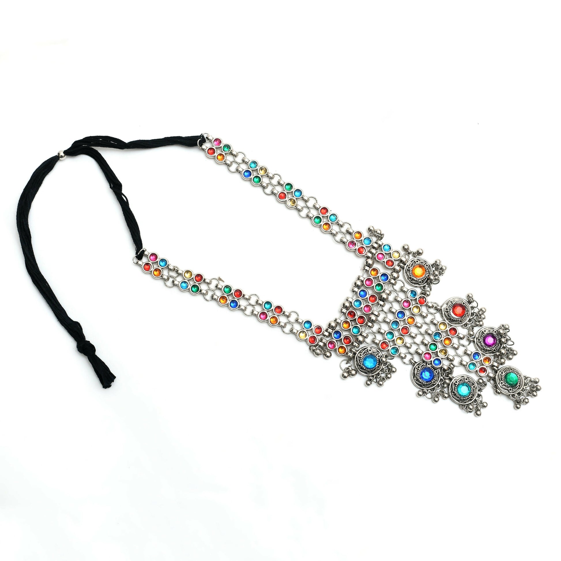Mominos Fashion Johar Kamal Oxidised Silver-Plated Brass Finish Multi Kundan Afghani Long Necklace For Women - Grab2buy