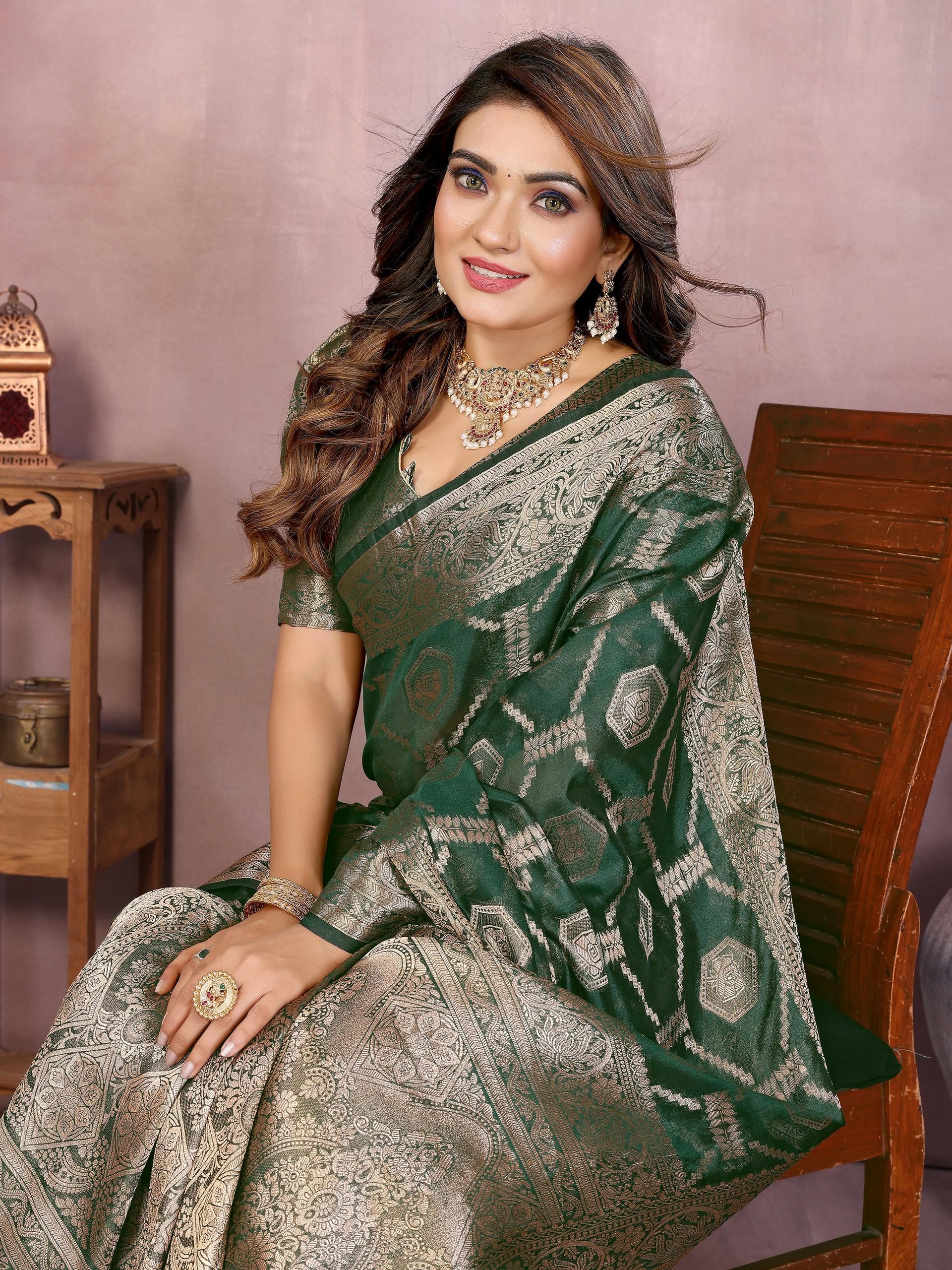 Aastha Fashion Green Soft Organza Silk Weaving Saree