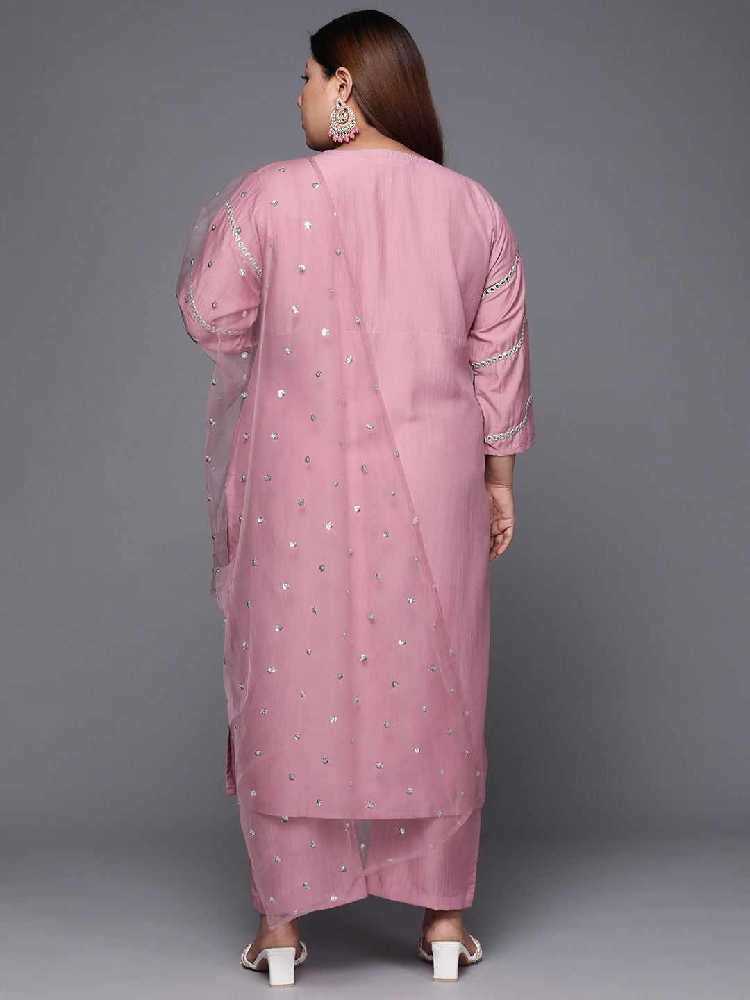 Sztori Plus Size Ethnic Motifs Embroidered Mirror Work Straight Kurta & Trousers & Dupatta