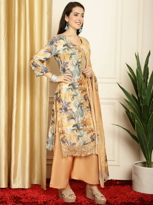 Aastha Fashion Women's Multicolor Muslin Digital Printed with Embroidered Lace work Kurta with Trouser & Dupatta - Grab2buy