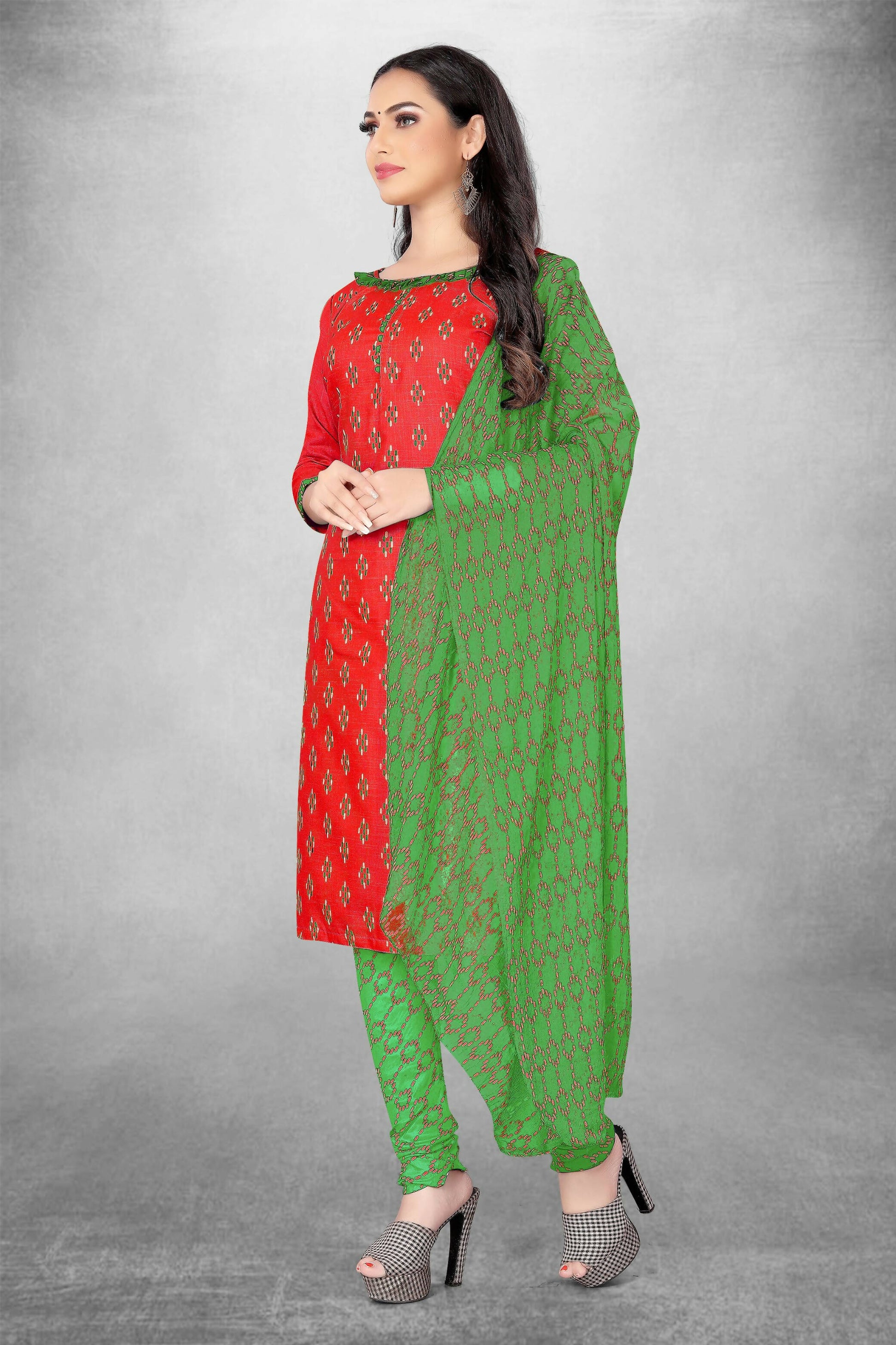 Red Cotton Printed Unstitched Dress Material - Amara