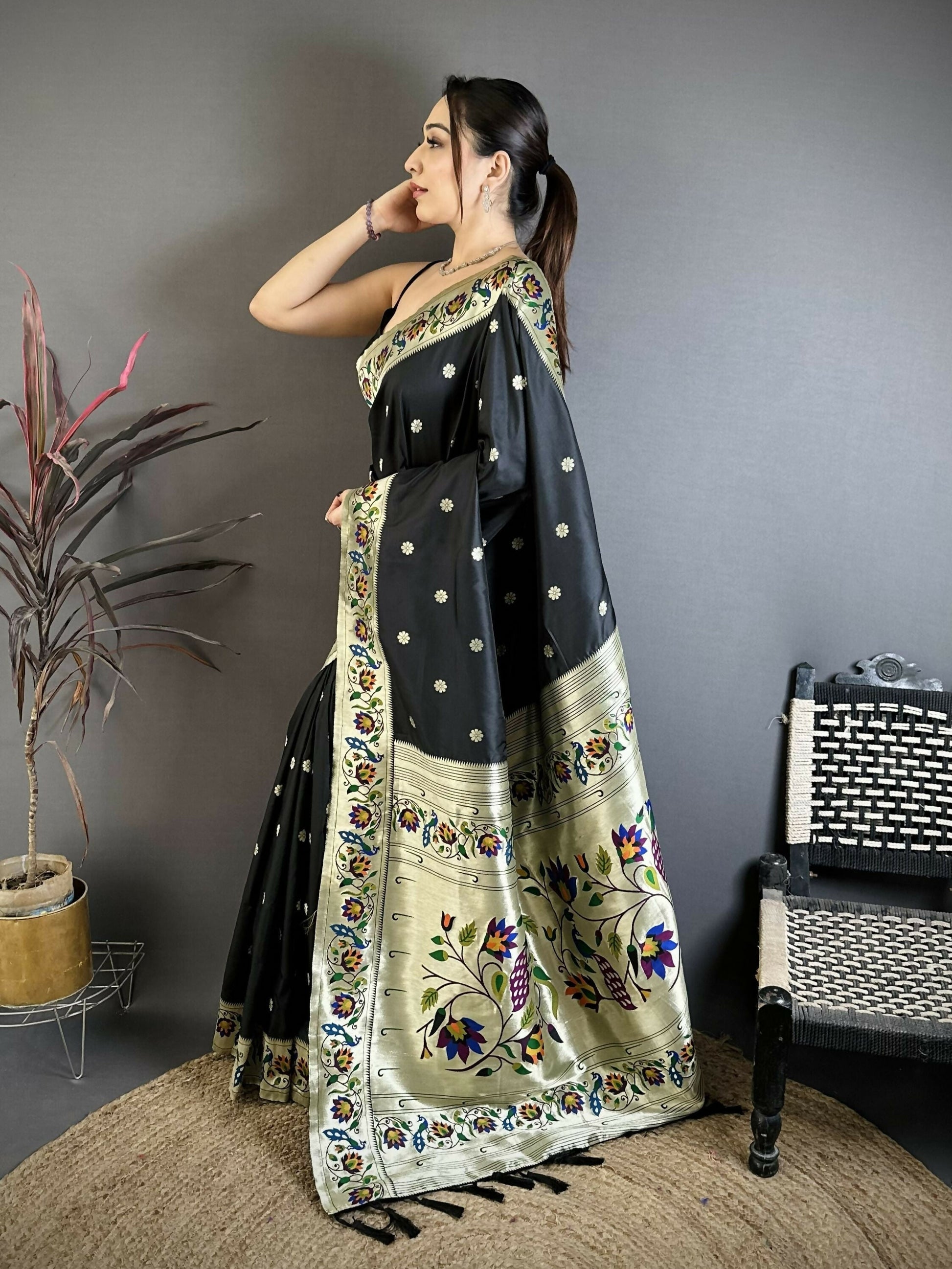 Prime Volt Premium Soft Silk Mayur Paithani Saree with Peacock Meena Weaving & Rich Pallu-Black